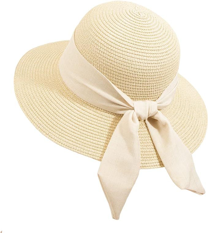 Women Beach Sun Hats Summer UV Protection Straw Hat Foldable Packable Wide Brim Travel | Amazon (US)