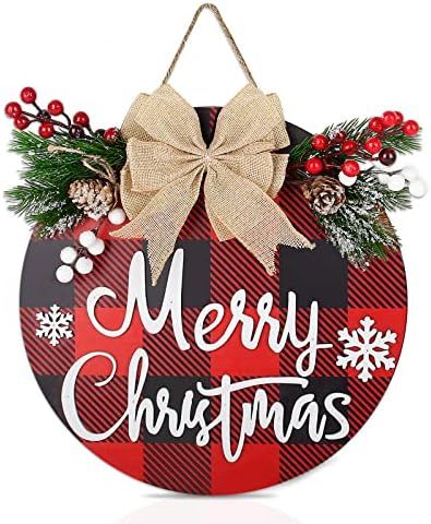 AOKE Merry Christmas Decorations Wreath Door Sign, Rustic Woonden Christmas Sign Wall Decor Plaid... | Amazon (US)