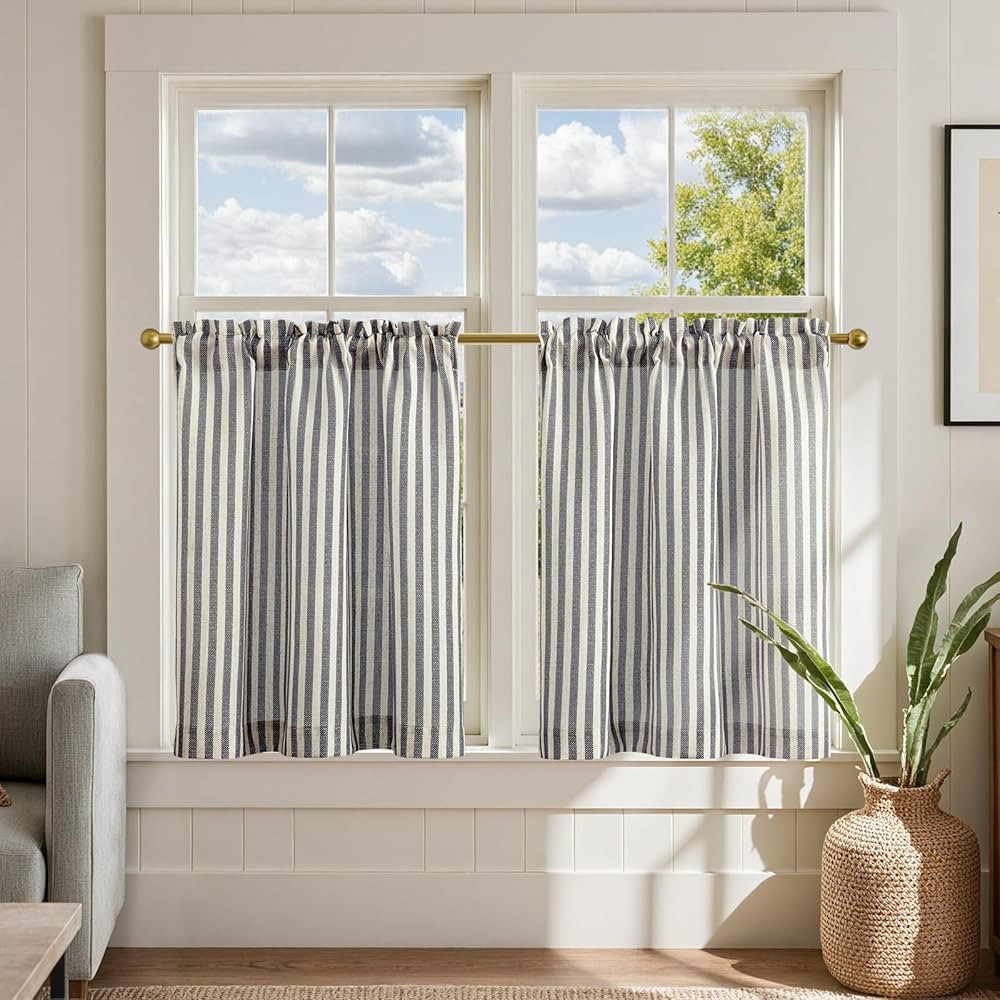 jinchan Linen Kitchen Curtains 24 Inch Length Striped Tier Curtains Ticking Stripe Small Drapes f... | Amazon (US)