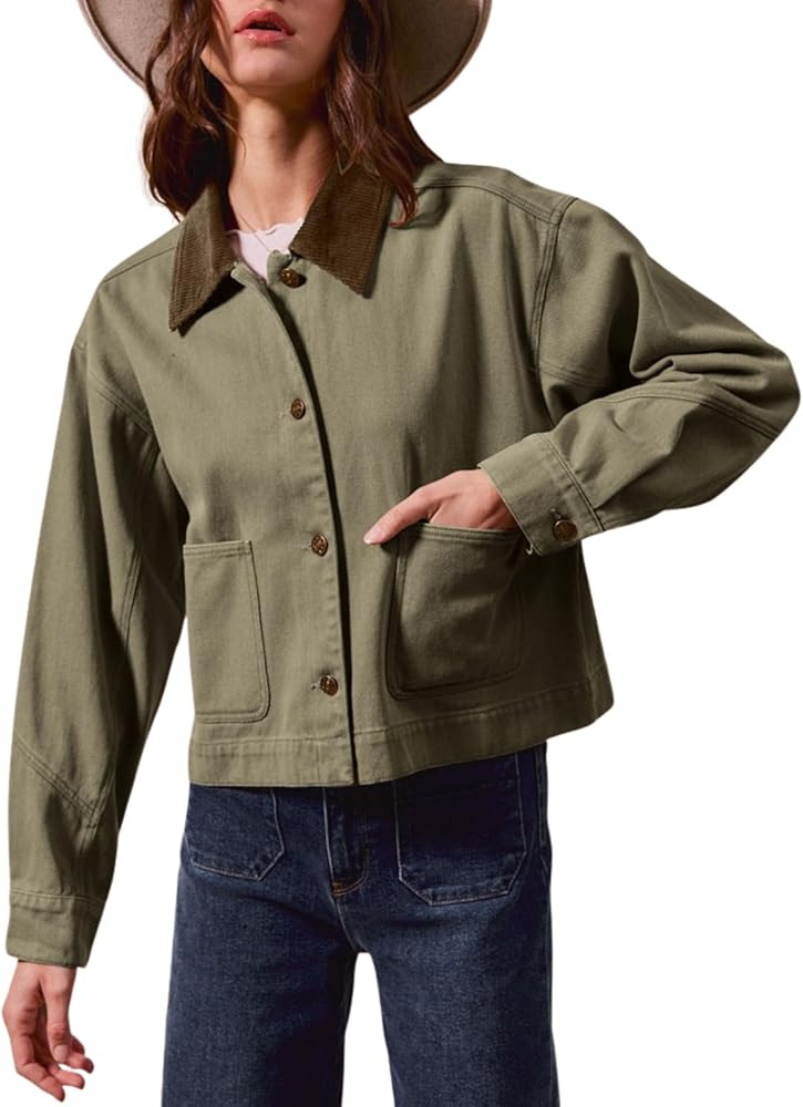 Women’s Cropped Barn Jacket Button Down Cord Collar Jacket with Pockets Trendy Work Outerwear | Amazon (US)