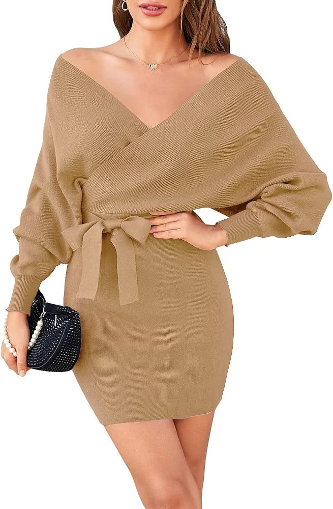 Zonsaoja Women's Sweater Dress Sexy V Neck Long Sleeve Backless Wrap Knitted Mini Dresses | Amazon (US)