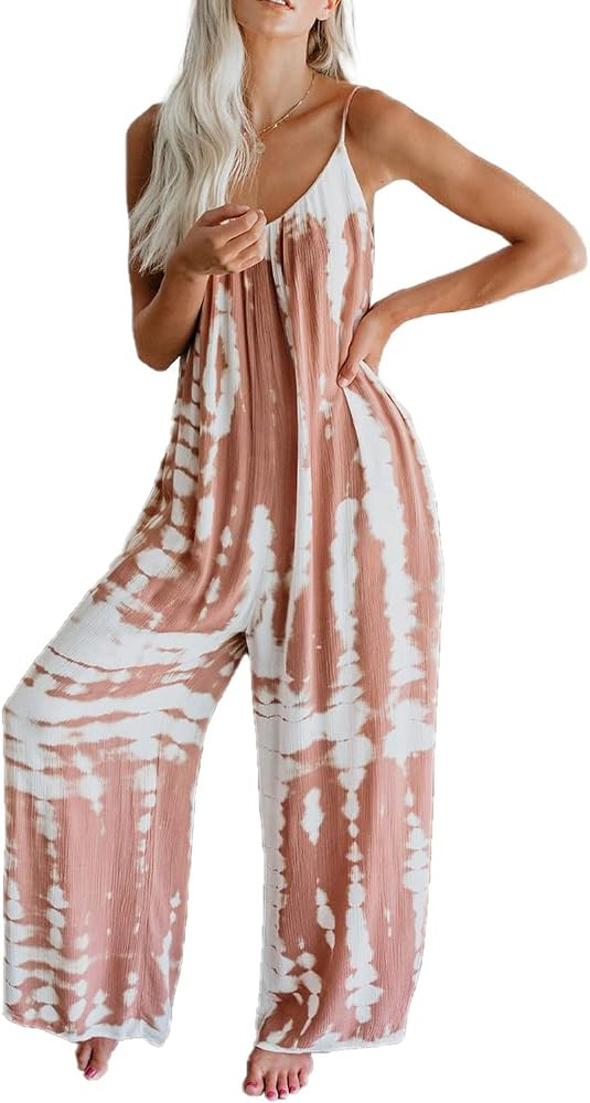 HVEPUO 2024 Womens Casual Spaghetti Strap Jumpsuits Wide Leg Pant Rompers with Pockets | Amazon (CA)