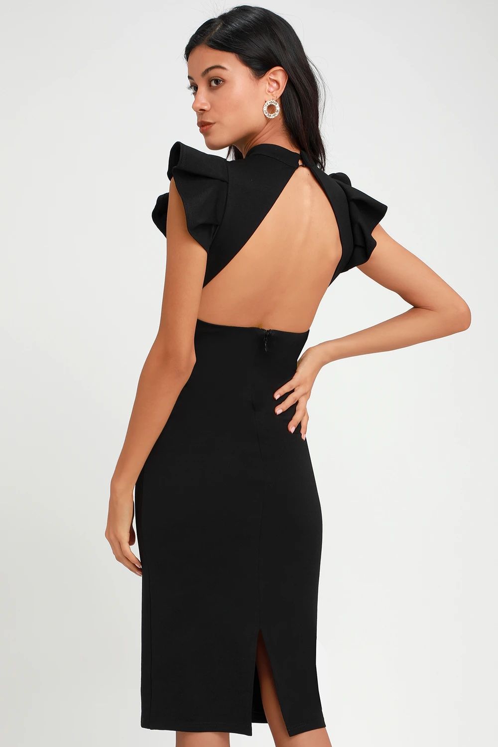 Stylish Splendor Black Backless Ruffle Bodycon Midi Dress | Lulus (US)