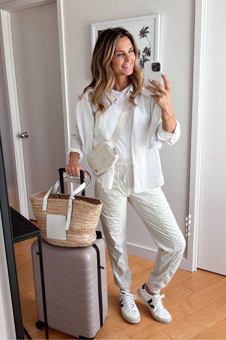 Lulu lined pants Sz 4
-white thin button up Sz S
-white tee
-veja Campo sneakers TTS
-Away luggage 

#LTKtravel #LTKunder100 #LTKstyletip