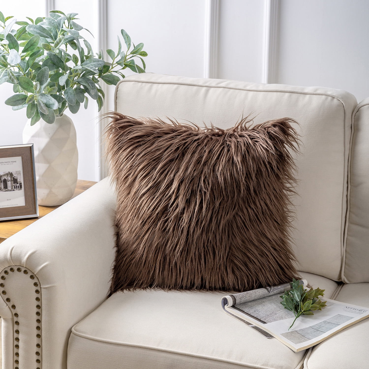 Phantoscope Plush Faux Fur Full Throw Pillow with Insert, 18"x18", Coffee, 1 Pack | Walmart (US)