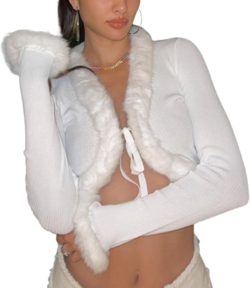 Women Fluffy Knitted Cardigan Crop V Neck Faux Fur Trim Sweater Top Open Front Ribbed Furry Top F... | Amazon (US)