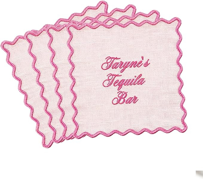 Personalized Pink Linen Cocktail Napkins for Weddings & Cocktail Bars Embroidered Napkins Elegant... | Amazon (US)