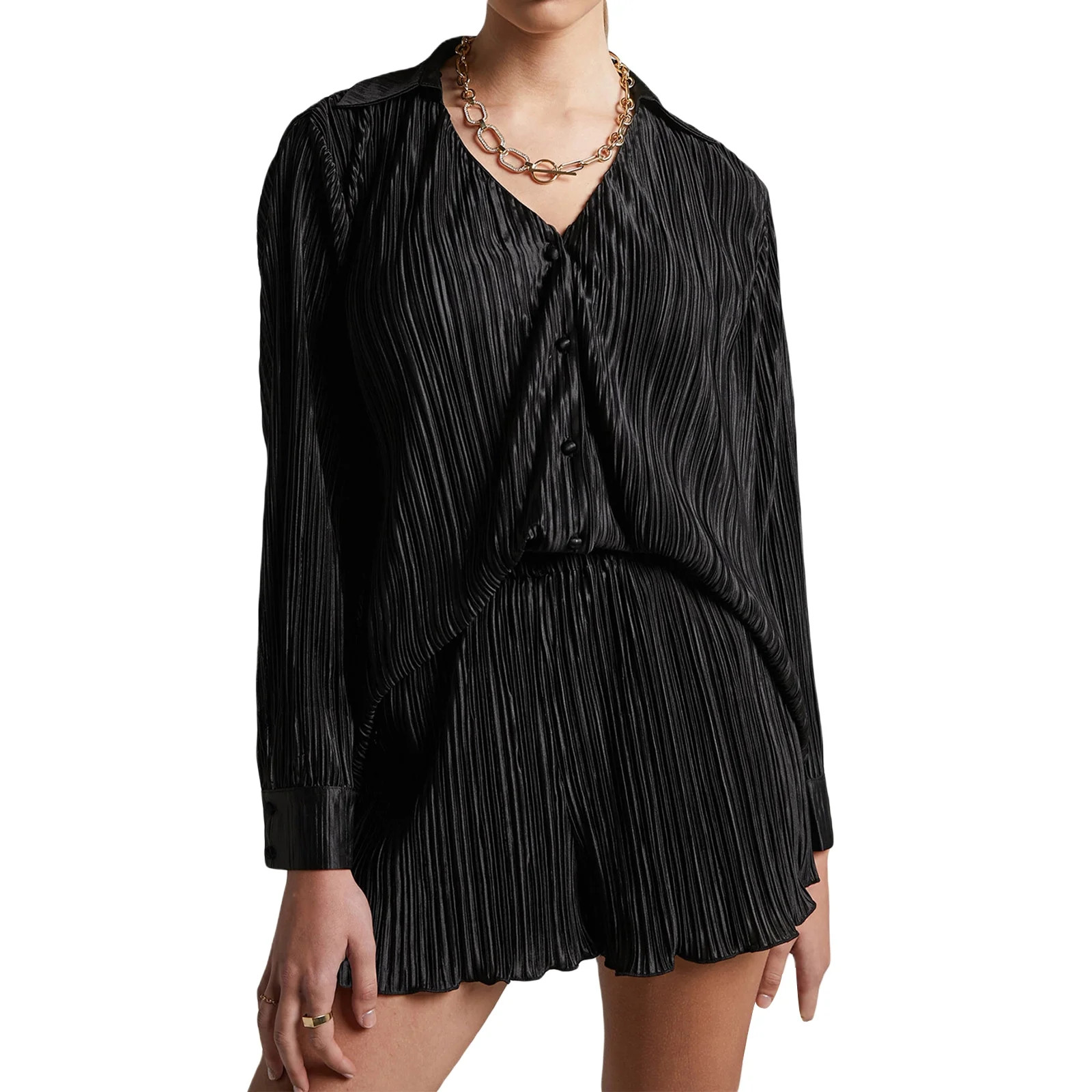 Plisse Short Set for Women Outfits Suit Long Sleeve Oversized Shirt Top and nner Vest Bra and Ple... | Walmart (US)