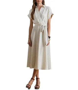Lauren Ralph Lauren Luxe Twill Stripe Surplice Spread Collar Short Rolled Sleeve Belted Dress | D... | Dillard's