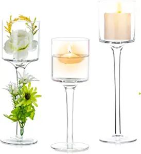 Nuptio Glass Candle Holder Tea Light Candle Holders Set of 3 Tall Tealight Candle Holder for Tabl... | Amazon (US)