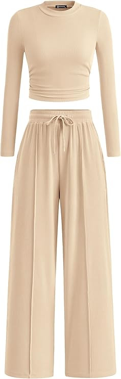 PRETTYGARDEN Women's 2 Piece Sets 2026 Fall Long Sleeve Crop Tops Wide Leg Pants Matching Outfit ... | Amazon (US)