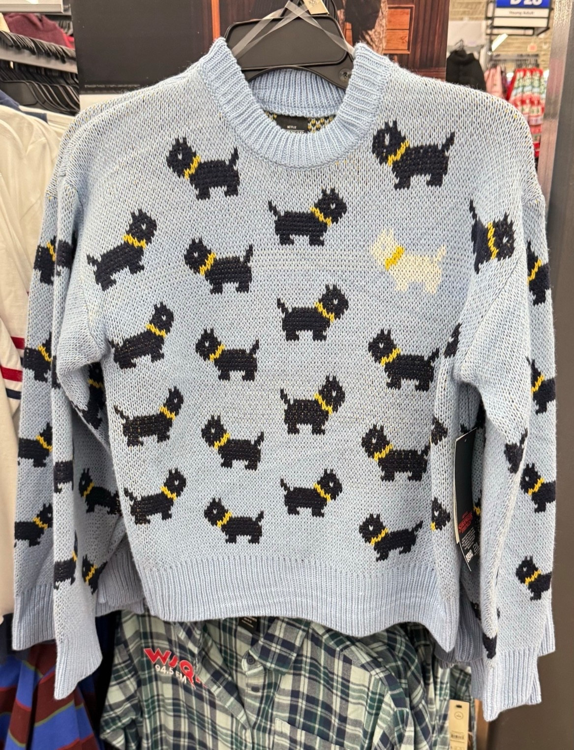 Scottie Dog Sweater – No Boundaries (Women’s & Plus) Light Blue long sleeve 

This Stranger Things Scottie dog sweater is a fun novelty piece for fans. Perfect for casual winter outfits, themed events, and cozy TV nights. Netflix Stranger Things 

#LTKHoliday #LTKPlusSize #LTKMidsize