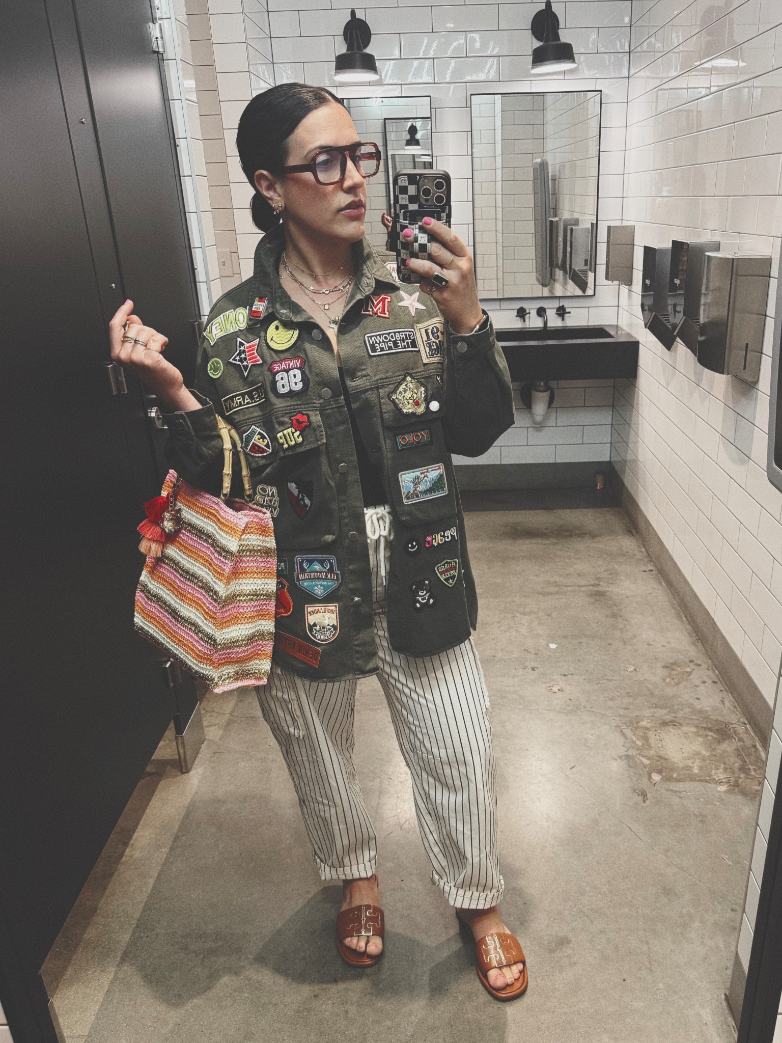 Pattern play. 
Patch jacket. 
Military green jacket. 
Oversized fit look. 
Woven bag. 
Summer style. 
Tory Burch slides. 
Striped pants. 
Affordable style. 
Amazon. 
Free people  

#LTKFindsUnder100 #LTKShoeCrush #LTKStyleTip