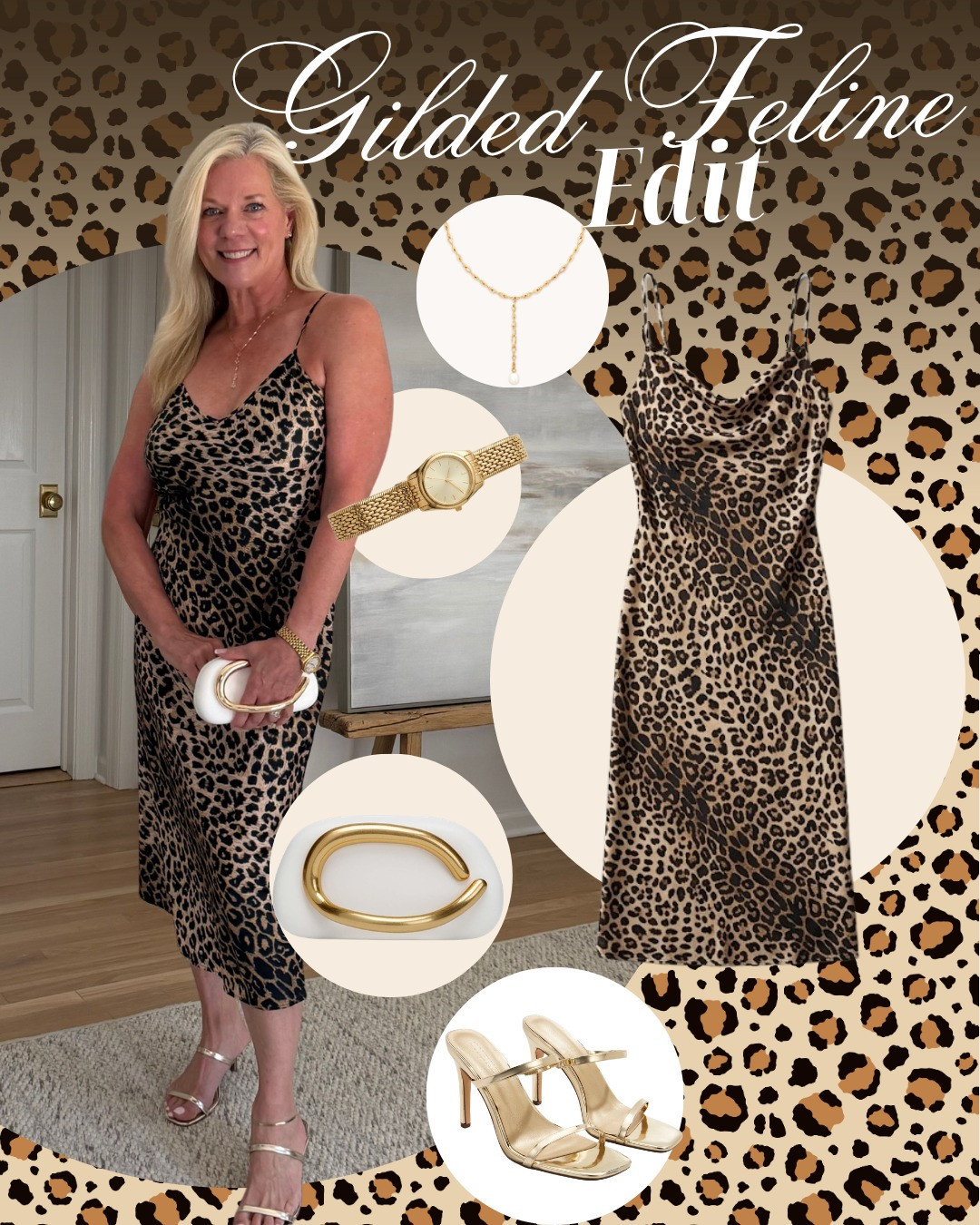 The gilded feline edit. 🐆 This leopard print slip dress is an instant outfit — cowl neckline, silky drape, effortlessly dressed up. Styled with gold jewelry, a white knot clutch, and gold strappy heels for date night or a fall wedding guest look. Similar items linked below — shop the dress, jewelry, and heels! ✨ #leopardprint #leopardprintdress #slipdress #fallwedding #datenightoutfit #fashionover50  #LTKstyletip 

 #LTKootd #LTKSeasonal #LTKOver40