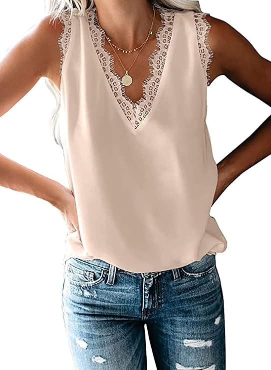 Basicspace Women's V Neck Lace Tank Tops for Women Casual Loose Summer Chiffon Sleeveless Shirts | Amazon (US)