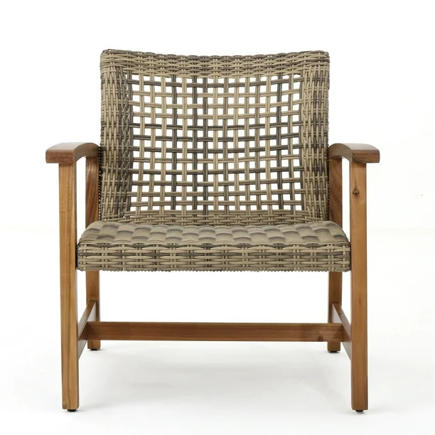 Savannah Outdoor Mid Century Grey Wicker Club Chairs with Acacia Wood Frame, Set of 2, Natural St... | Walmart (US)