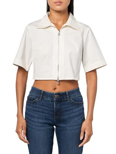 HUGO, Short Sleeve Cropped Zipper Button Down Shirt, White Bone, 0 | Amazon (US)