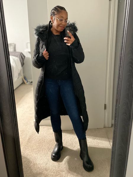 Casual rainy day errand outfit.

Style Tip: coats with belts or corset-like styles that conch in the waist will make your shape look amazing! Accentuate your curves. Fave coats that’ll do this linked!

[black coat, black, sweatshirt, rain boots, lug boots, Chelsea boots, skinny jeans, dark blue jeans, maxi coat, long coat, puffer coat, fur hood coat, winter coat, rain coat ]

#LTKSeasonal #LTKFind #LTKstyletip