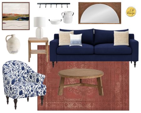 Red and blue living room, living room ideas, round wood coffee table, blue sofa, floral chair, wall hooks, wood wall mirror, table lamp, textured throw pillow, rustic

#LTKhome #LTKstyletip