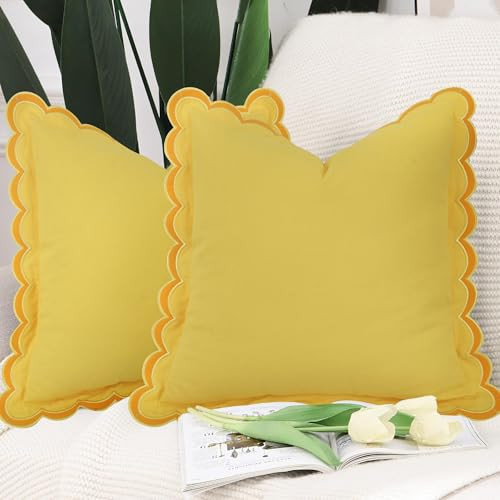 Pyonic Pack of 2 Scalloped Throw Pillow Covers,18x18 inch Soft Cotton Unique Waves Edge Shaped Pillow Covers,Decorative Boho Lemon Yellow Couch Throw Pillows for Sofa Living Room | Amazon (US)