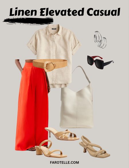Stay cool and stylish this Summer with this simple elevated casual linen outfit! Color-blocked outfit, linen outfit, wide-leg pants outfit, large leather tote, neutral Summer sandals, Karen Millen, J.Crew, Amazon fashion, Banana Republic

#LTKover40 #LTKstyletip #LTKworkwear