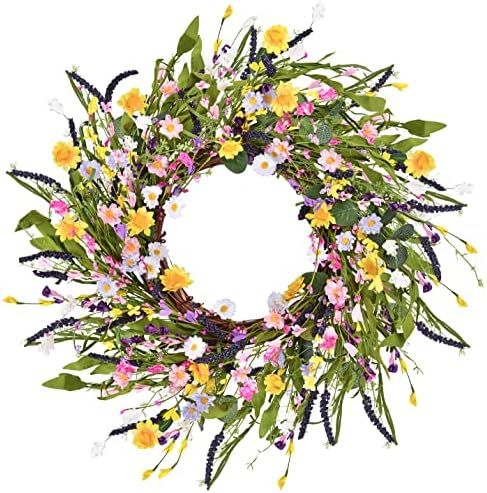 20" Artificial Daisy Flower Wreath - Silk Floral Wreath Yellow Flower Wreath Artificial Spring and S | Amazon (US)