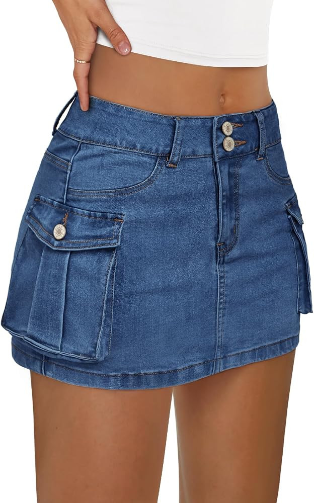LILLUSORY Women Cargo Mini Skirt Denim Jean Dress with Pocket | Amazon (US)