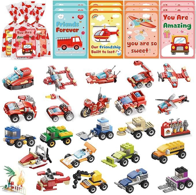 Lukfuu 24 Pack Valentines Day Gifts For Kids Classroom, Vehicles Car Building Blocks Toys with Va... | Amazon (US)