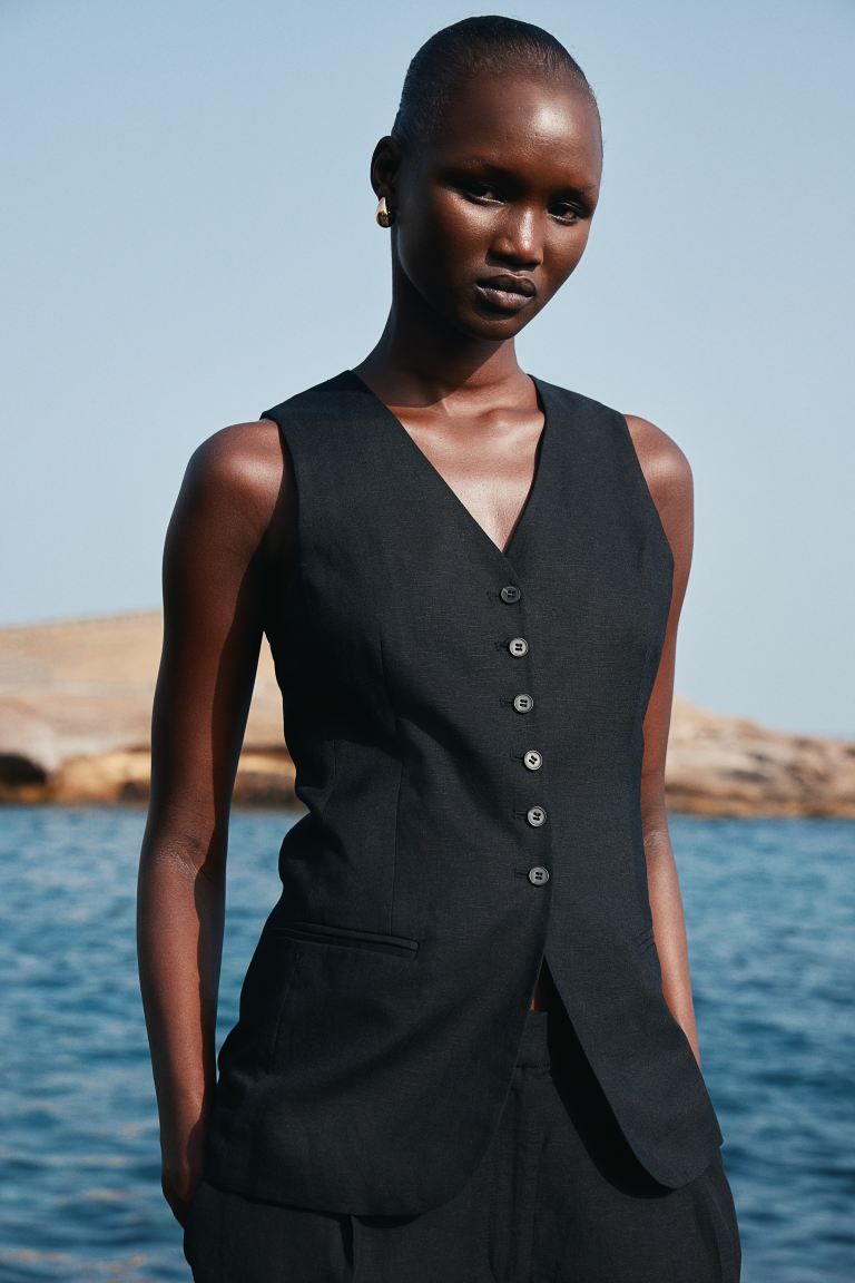 Linen-blend suit waistcoat - Black - Ladies | H&M GB | H&M (UK, MY, IN, SG, PH, TW, HK)