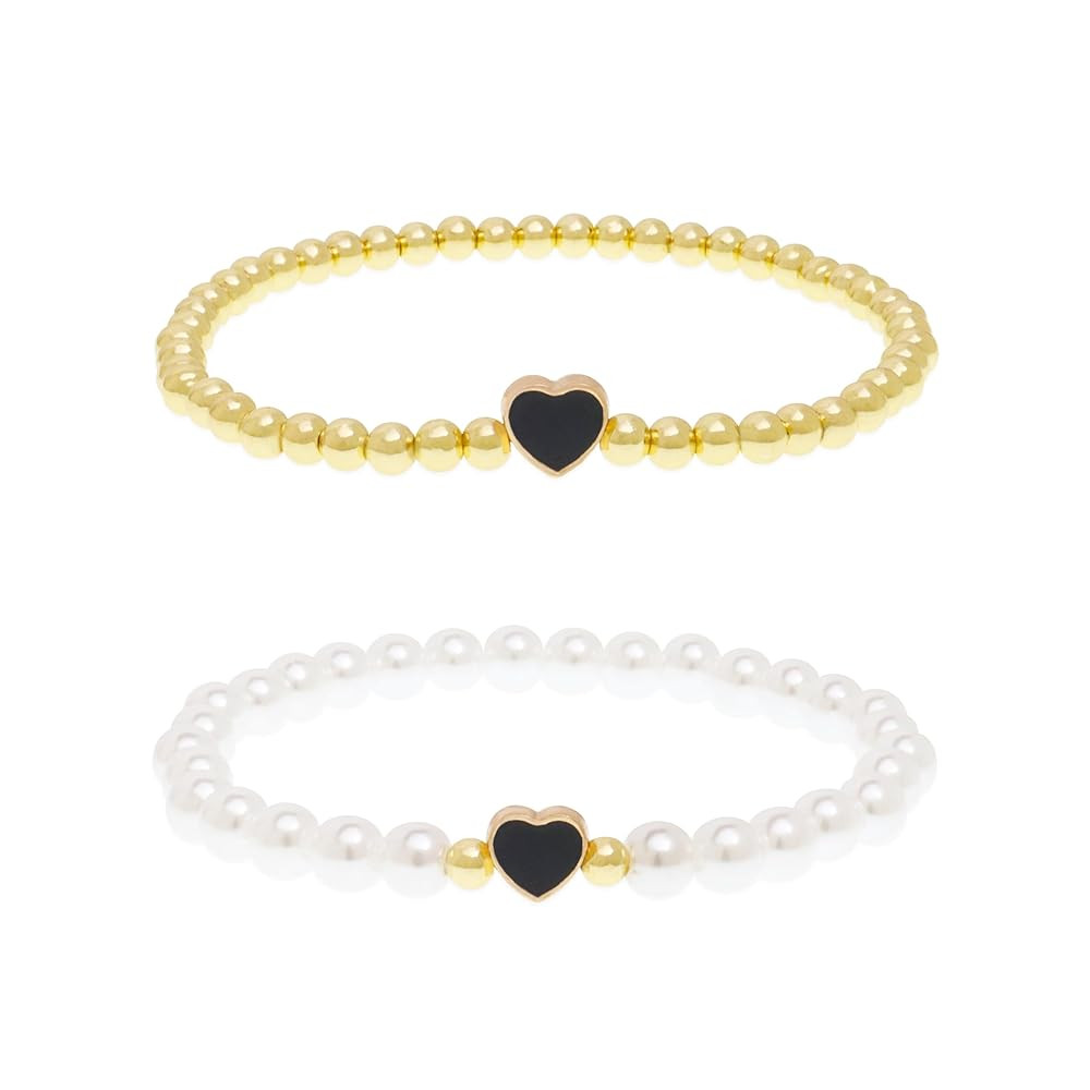 White Ball Beaded Heart Stack Bracelets Set for Women, 2Pcs Boho Handmade Gold Beads Pearl Stacka... | Amazon (US)