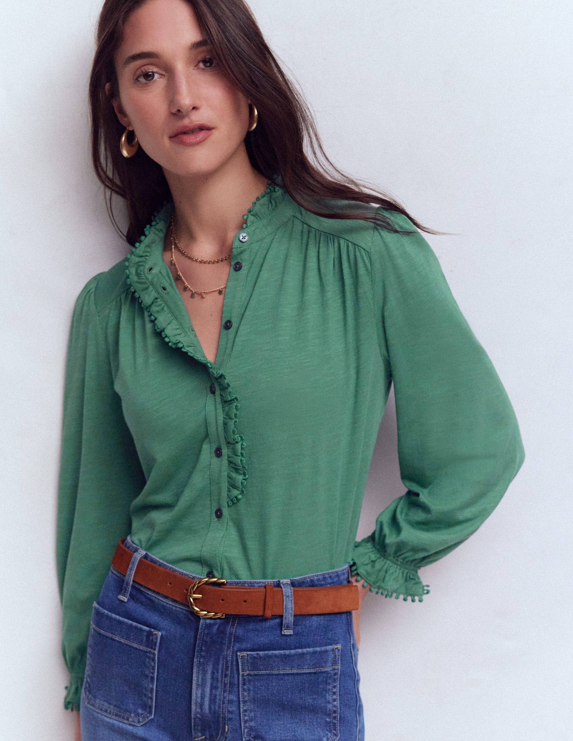 Emily Pom Trim Ruffle Shirt-Deep Jungle | Boden (US)