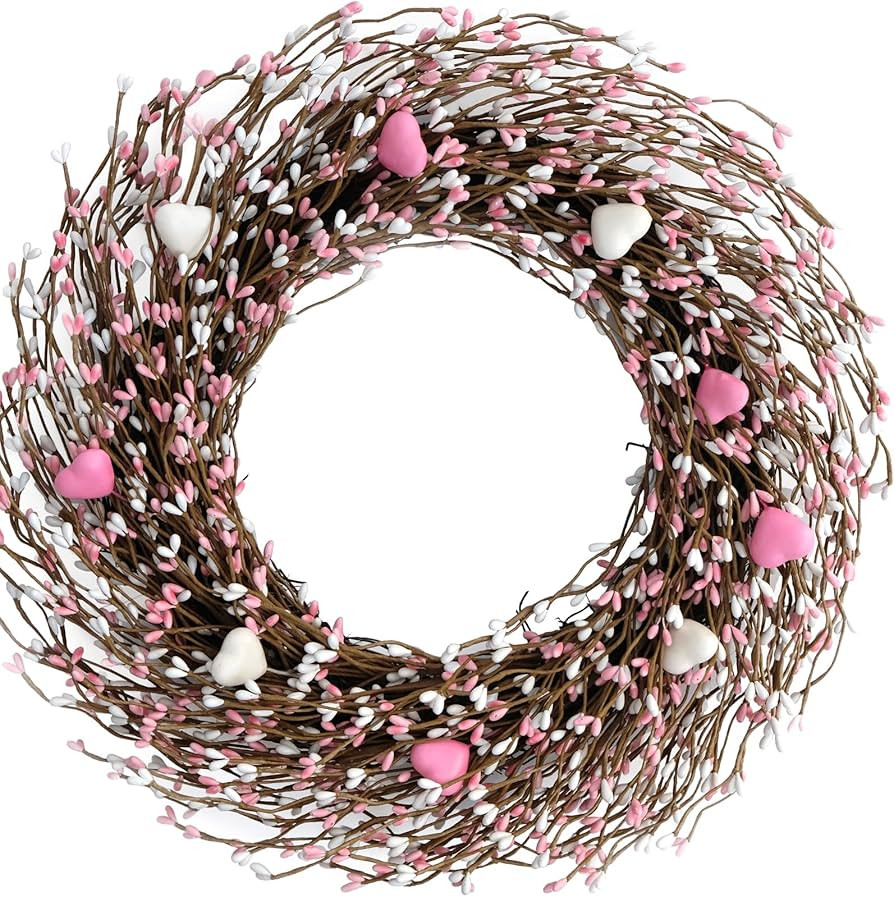 Idyllic 18 Inch Pink White Color Berries Wreath for Front Door, Valentines Day Heart Berries Wrea... | Amazon (US)