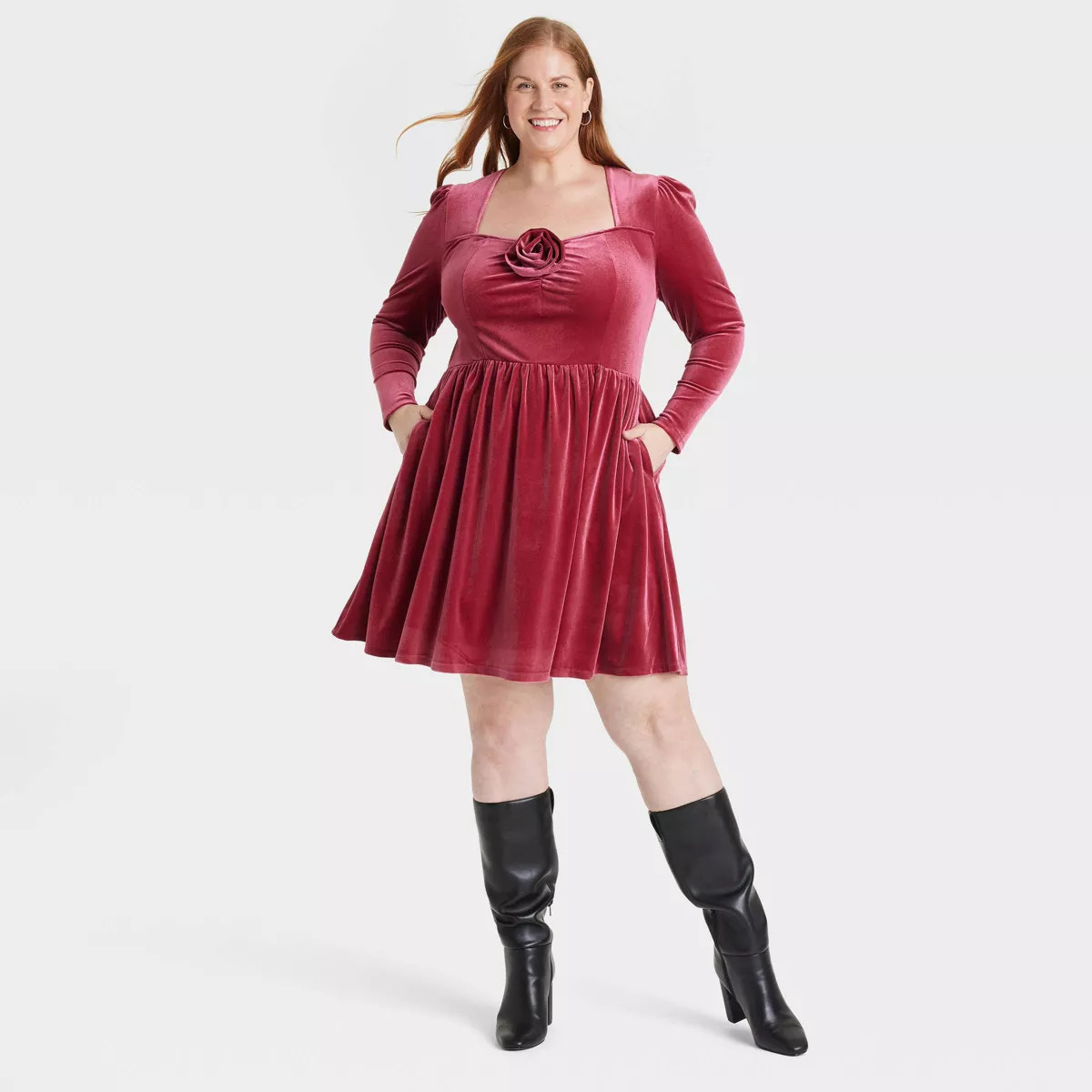 Women's Long Sleeve Rosette Midi A-Line Dress - Ava & Viv™ Cherry Red 2X | Target