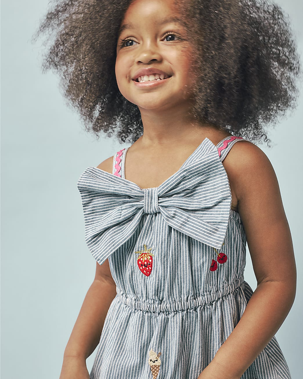 Mini Girls Blue Stripe Embroidered Bow Dress | River Island UK & IE
