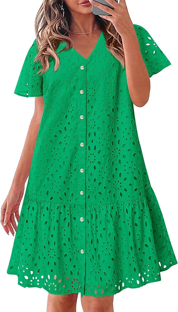 KIRUNDO Summer Dresses for Women 2025 Button Down V Neck Short Sleeve Hollow Out Lace A Line Casu... | Amazon (US)
