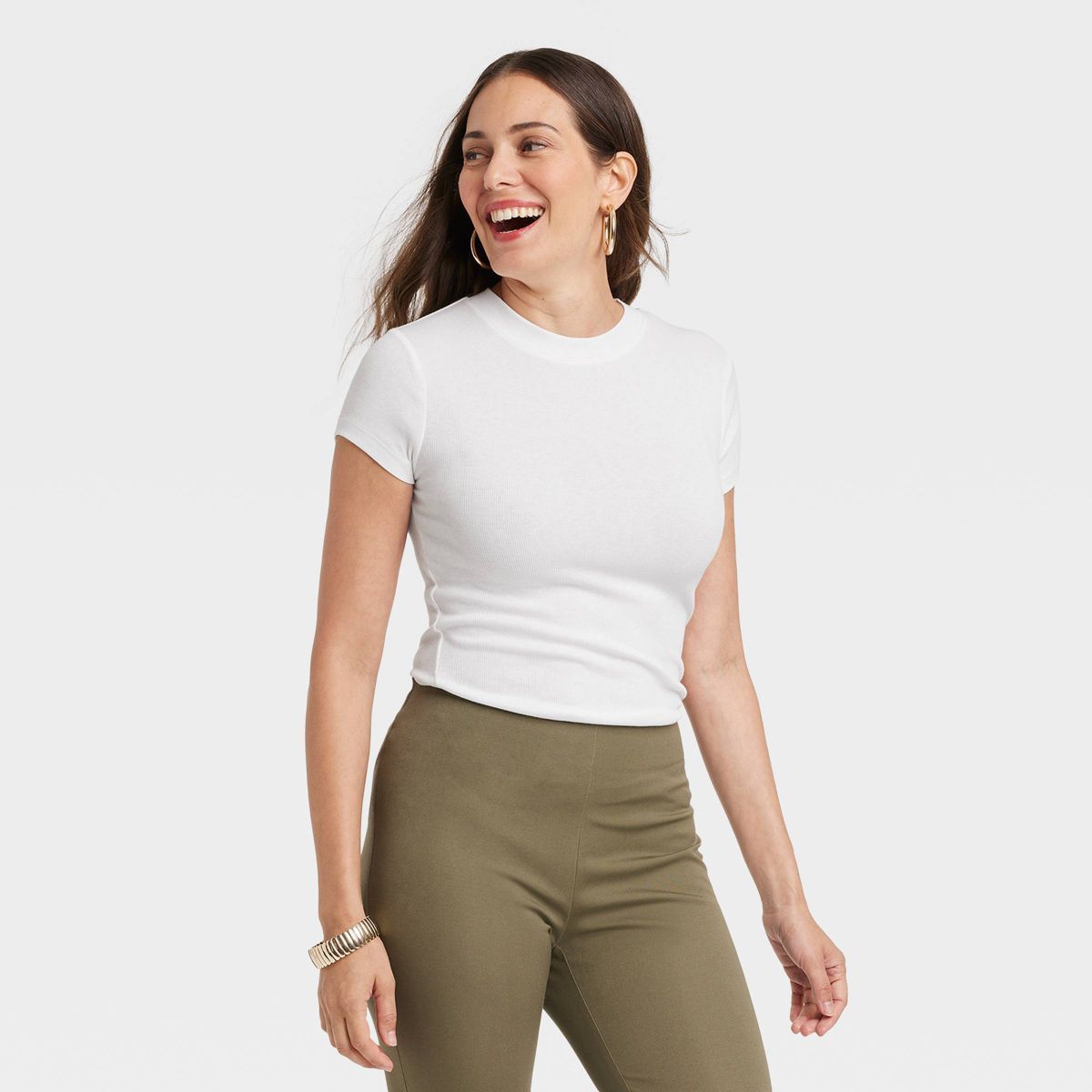 Women's Slim Fit Short Sleeve Ribbed T-Shirt - A New Day™ White M | Target