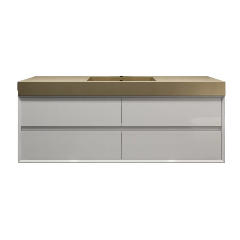 Lux 60'''' Glossy White Wall Mounted Nano Bath Vanity With Single Gold Steel Sink | Wayfair North America