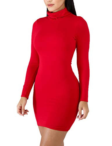 cailami Women's Sexy Basic Long Sleeve Turtleneck Bodycon Club Mini Dress, Small, Red | Amazon (US)