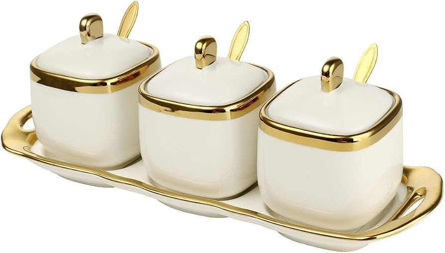 Spice Jars,Ceramic Spice Containers Kitchen Sugar Salt Condiment Jars Jars set with Lids and Spoo... | Amazon (US)