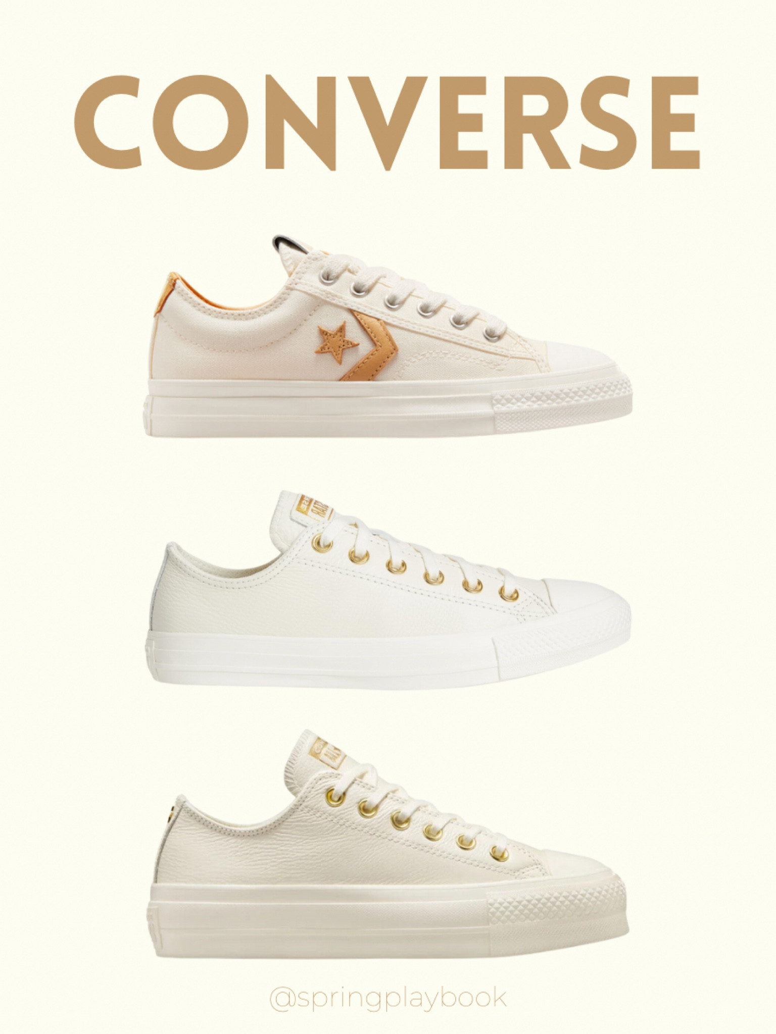 Converse for Springs. Cream & gold and cream & camel!

#createdcolorful #createdcolorfulspring #hocspring #tcispring #pcaspring #lightspring #warmspring #truespring #brightspring #clearspring #paintboxspring #bluespring

#LTKShoeCrush #LTKFindsUnder100 #LTKSaleAlert