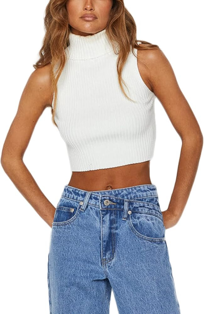 Meihuida Women Sleeveless Sweater Vest Turtleneck Shoulder Pads or Button Down Crochet Knitted Ta... | Amazon (US)