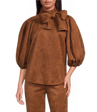 A Loves A Suede Neck Tie 34 Puffed Sleeve Pleated Shoulder Coordinating Top -  XS | Dillard's