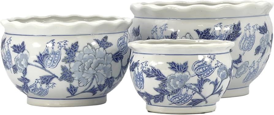 Galt International Blue & White Round Floral Porcelain Ceramic Plant Flower Planter Pot Set of 3 ... | Amazon (US)