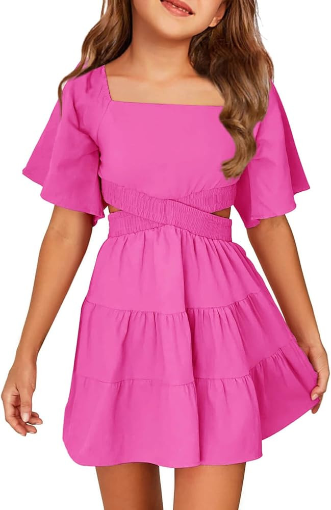 Batermoon Girls Summer Dress Square Neck Short Sleeve Crossover Waist Casual A-line Mini Dress | Amazon (US)