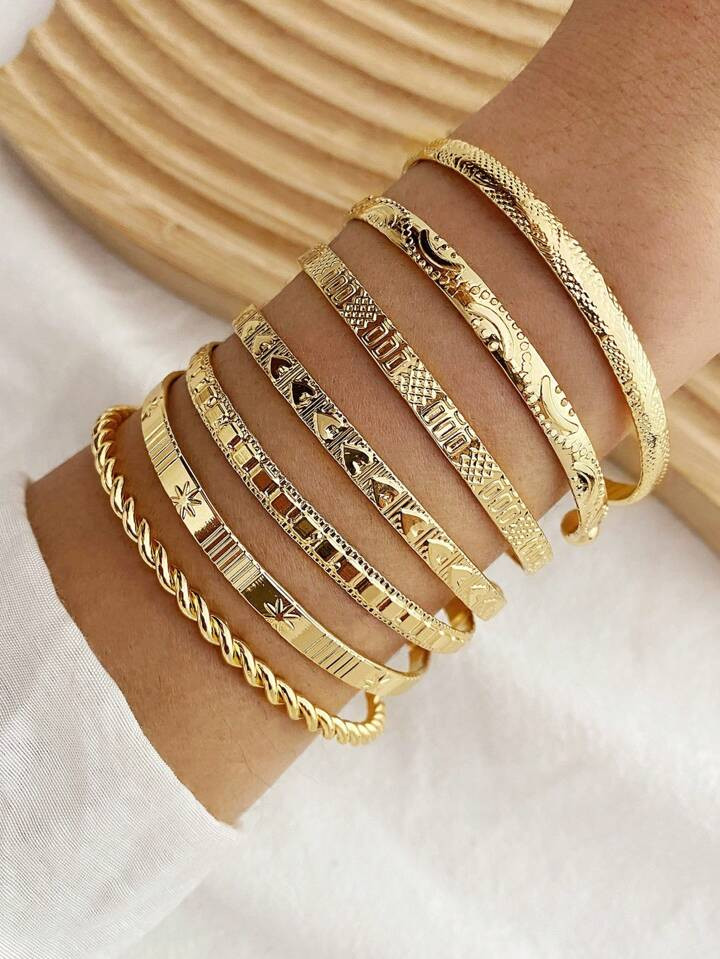 7pcs/Set European And American Style Bohemian Twist Metal Bangle, With Star, Heart And Open Adjus... | SHEIN
