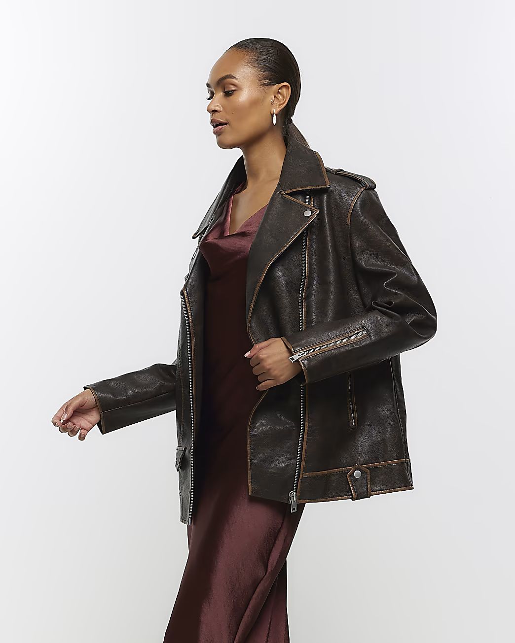 Brown faux leather oversized biker jacket | River Island (UK & IE)