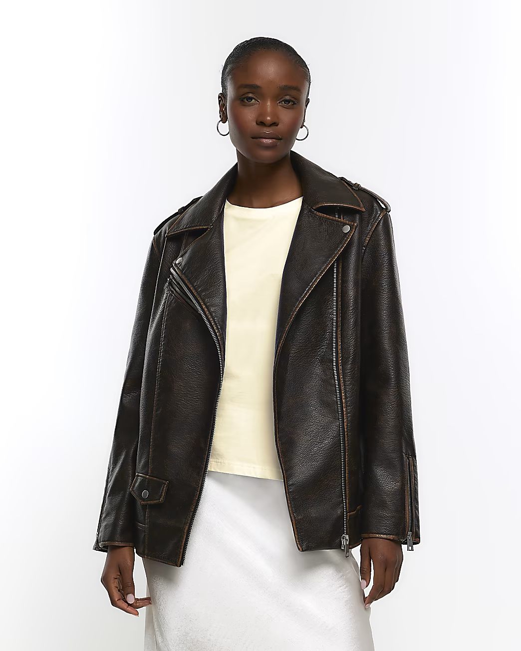 Brown faux leather oversized biker jacket | River Island (UK & IE)