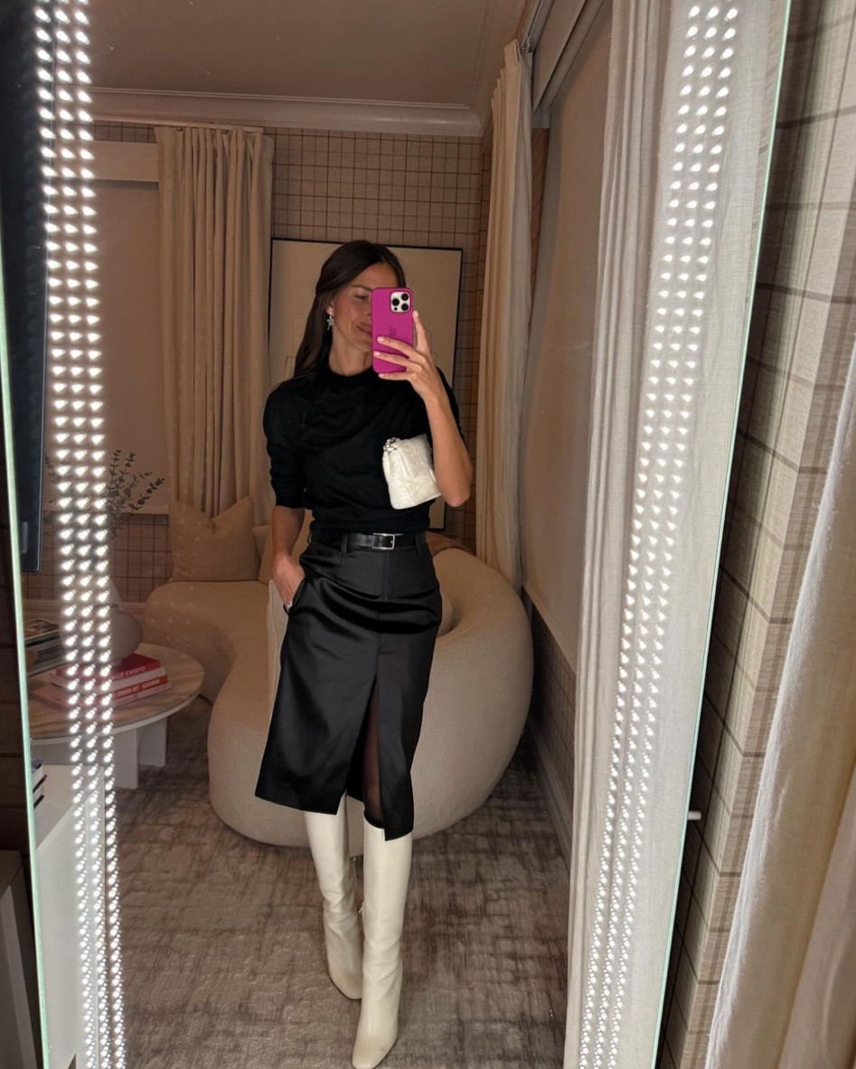 All black outfit 🖤 Sweater is The Row and Skirt is YSL but linked similar!