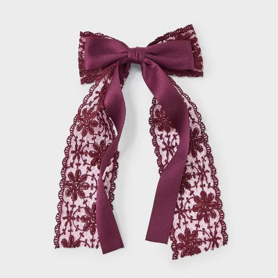 Satin Ribbon/Floral Lace Bow Hair Barrette - Wild Fable™ Burgundy | Target