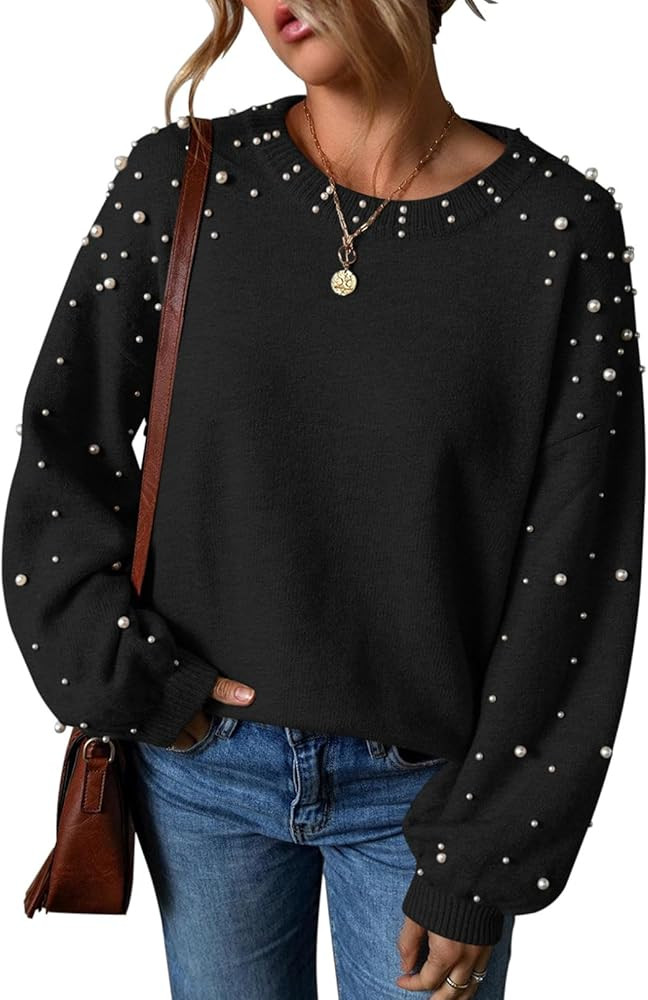Pink Queen Pearl Sweater for Women 2025 Fashion Fall Winter Chunky Crewneck Lantern Sleeve Loose ... | Amazon (US)